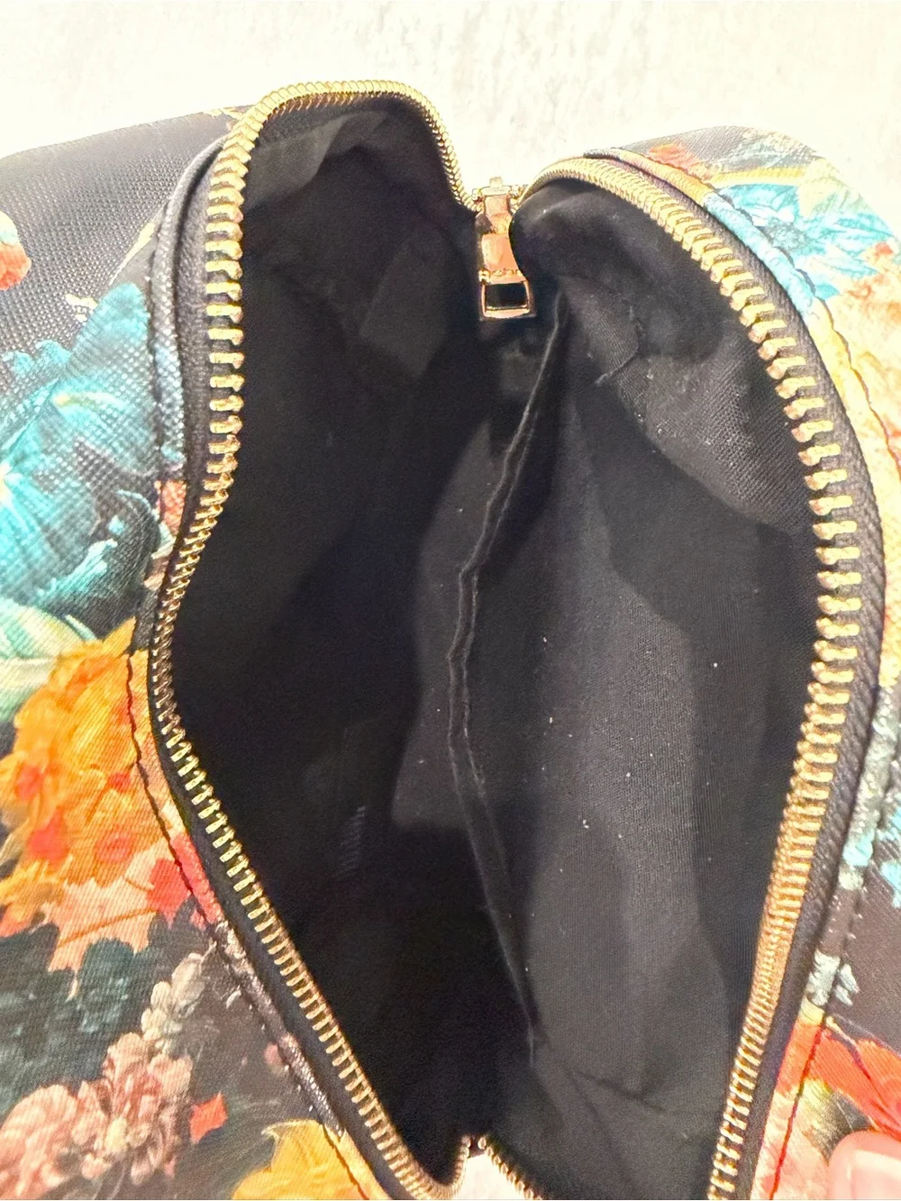 bebe Black Floral Mini Backpack with Multicolor Roses and Tassel